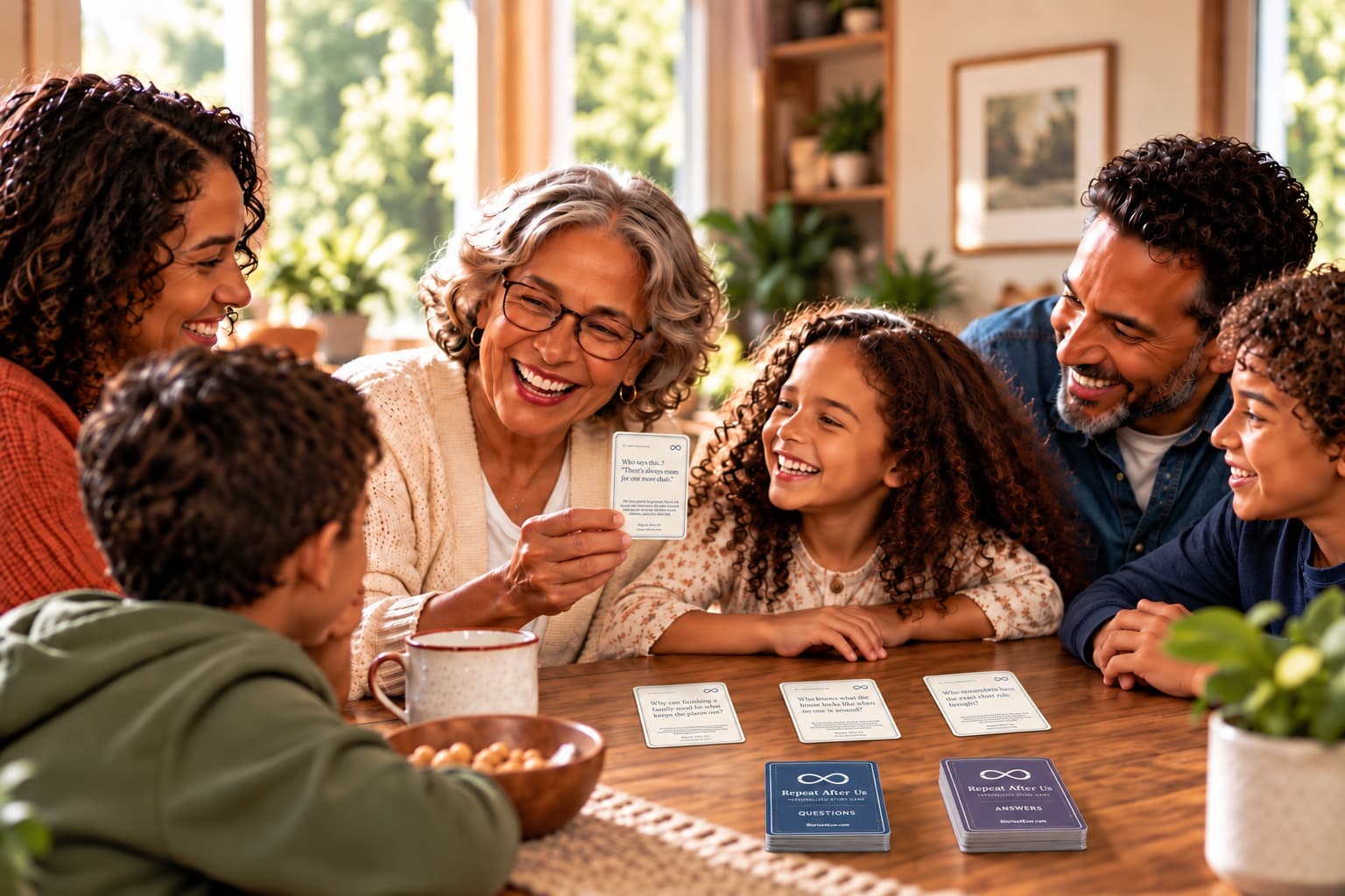 A mixed-age group playing Repeat After Us, with one person holding a sample card and separate blue question and purple answer piles on the table