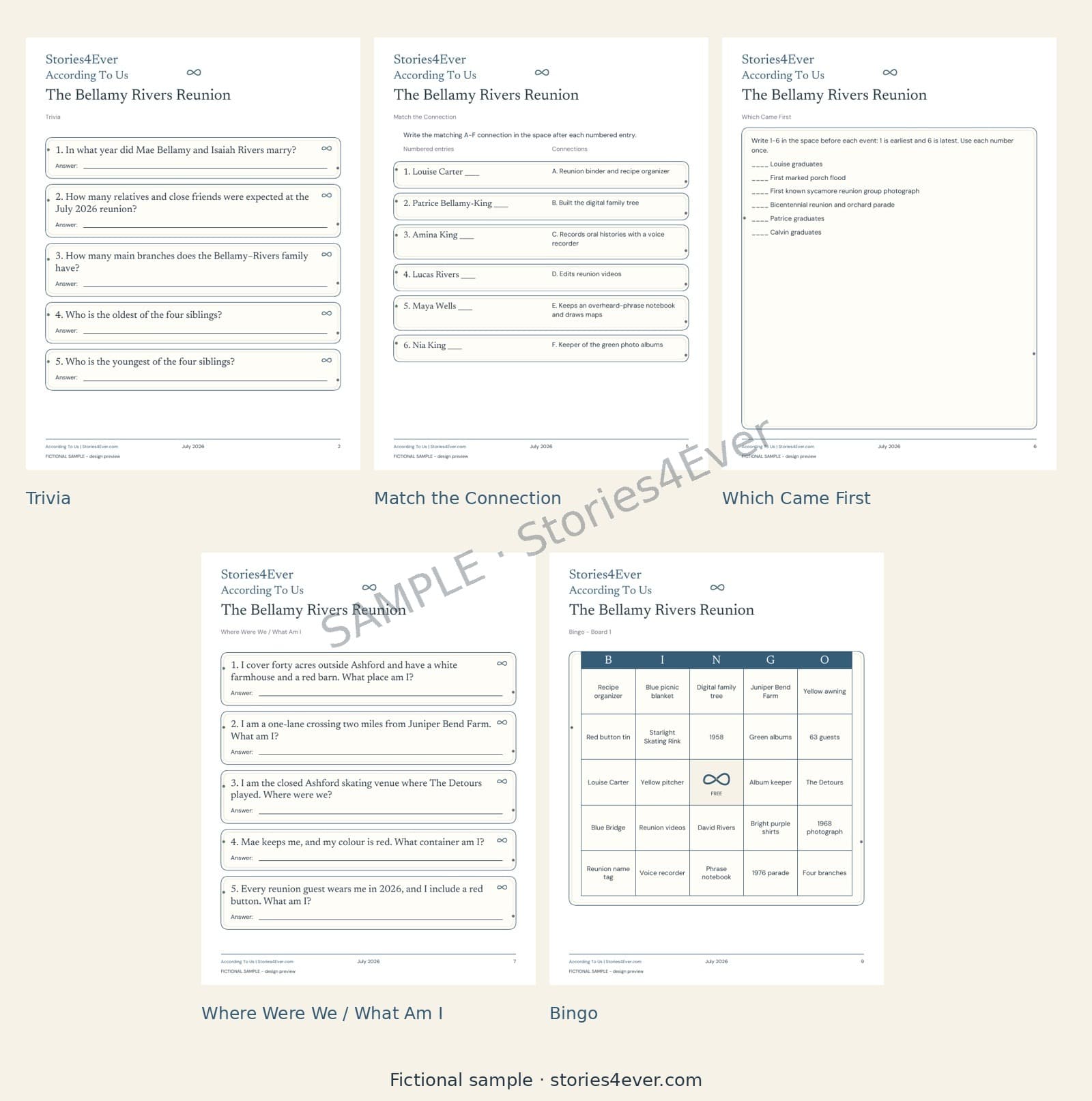 According To Us fictional printable pages in Story Harbor format, including trivia, matching and a five by five bingo board with a center FREE space