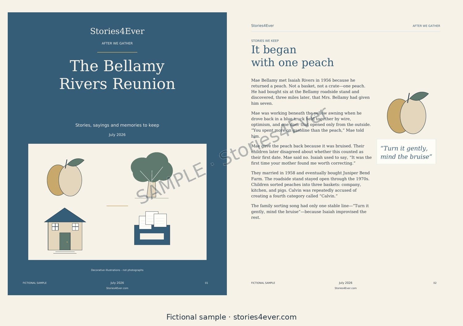 After We Gather fictional keepsake collage showing the cover and an illustrated story page