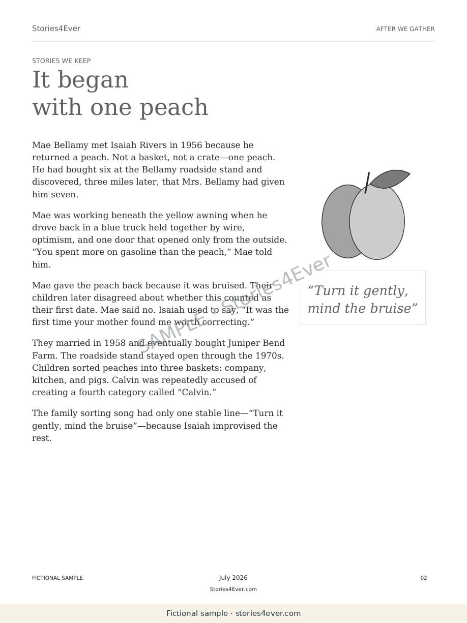 After We Gather lower-ink story page with grayscale illustration, short paragraphs, italic excerpt and July 2026 footer