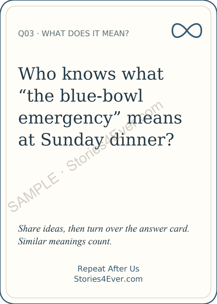 What Does It Mean?. Who knows what “the blue-bowl emergency” means at Sunday dinner? Share ideas, then turn over the answer card. Similar meanings count.
